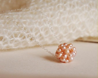 Pink Pearl Cluster Necklace, Bridesmaids Necklace, Bridal Pearl Necklace, Bridal Party Pink, Wedding Pearl Jewelry