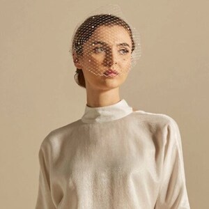 May include: A white high-neck long-sleeve top with a subtle shimmer paired with a white birdcage veil featuring small evenly spaced pearls. The veil is positioned over the upper face, while the top has a structured collar and long sleeves.