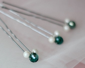 Emerald Hair Pins 3x, Minimalist Wedding Hair Clips, Green Bridal Hair Pins, Emerald Hair Piece, Bridesmaids Gift