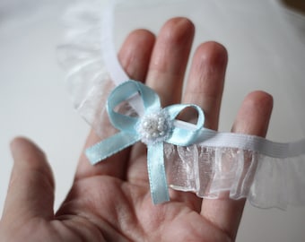 Blue Bow Wedding Garter Ruffled Bridal Garter with Pearl Toss Garter Gift For Bride Something Blue Garter