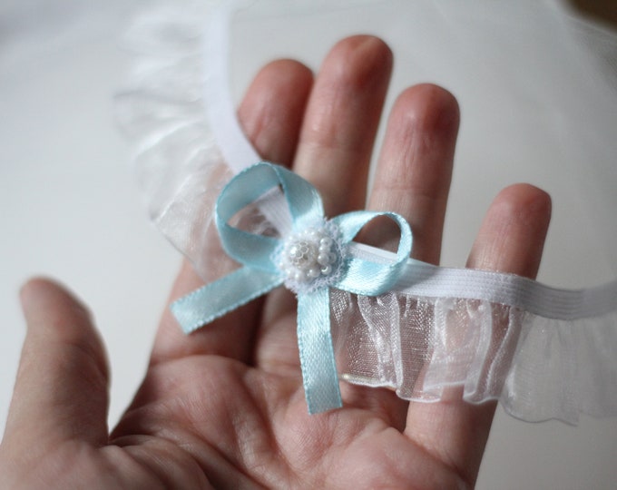 Blue Bow Coquette Wedding Garter Ruffled Bridal Garter with Pearl Toss Garter Gift For Bride Something Blue Garter