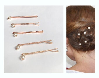 Pearl Hair Pins 5x, Rose Gold Hair Pins, Silver Hair Pins, Gold Hair Pins, Bridesmaids Pearl Hair Pins, Bridal Party Hair Pins