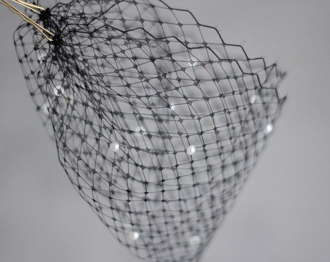 Bridal Pearl Veil Black Birdcage Veil, Wedding Veil with Pearls, Scattered Pearl Veil, Black Pearl Adorn Veil