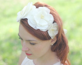 Wedding Floral Headband, Bridal Floral Headpiece, Bridal Wreath, Large Flower Headband, Ivory White Champagne