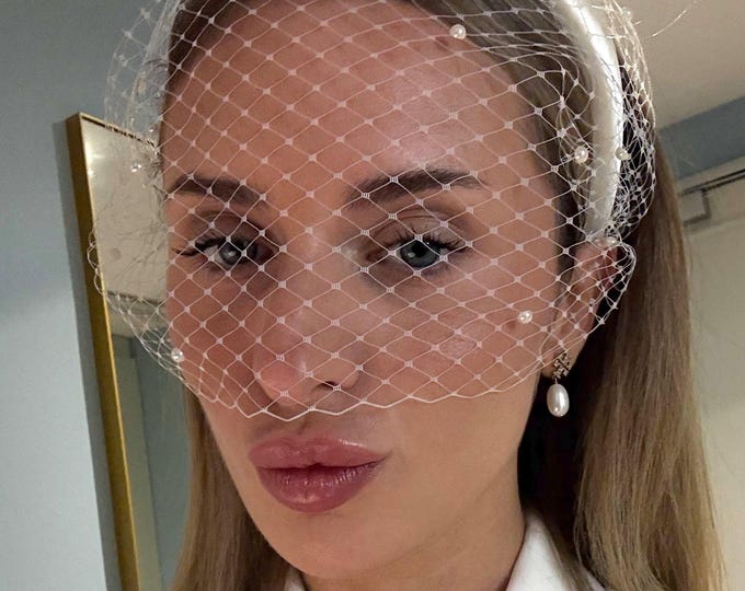 Civil Ceremony Veil Pearl Birdcage Veil with Headband Satin Wedding Courthouse Fascinator Veiled Headpiece Town Hall Bridal Blusher