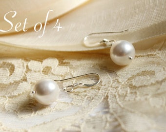 Bridal Pearl Earrings 4x, Set of Four, Pearl Dangles Jewelry, Sterling Silver, Custom Color Pearl, Bridesmaid Gift