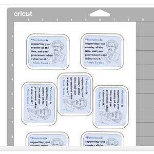 May include: A sheet of Cricut stickers featuring a Mark Twain quote: "Patriotism is supporting your country all the time, and your government when it deserves it." The stickers have a light blue border and a portrait of Mark Twain.