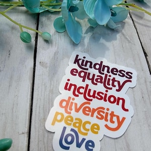 Kindness, Equality, Inclusion, Diversity, Peace, Love 3&quot; Vinyl Sticker or Magnet