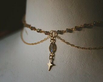 stella. a bohemian labradorite gemstone gold star multi strand choker necklace