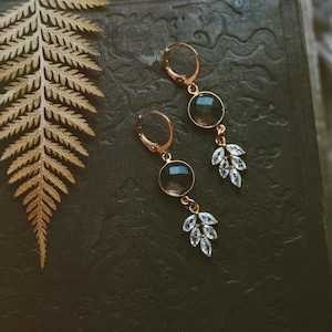 May include: A pair of gold earrings with a dark brown gemstone and clear crystal accents. The earrings are hanging from a dark surface.