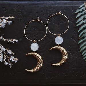 moon aura. a pair of celestial bohemian aura quartz and floral brass moon hoop earrings image 1
