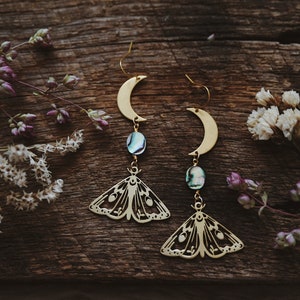 dusk. a pair of boho abalone, moon and moth nature inspired celestial earrings