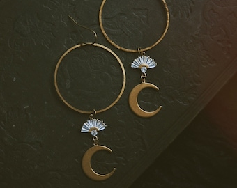 astra. a pair of art deco moon hoop bohemian cubic zirconia earrings