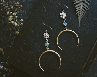 blossom moon. a pair of boho floral gold moon and rainbow moonstone earrings