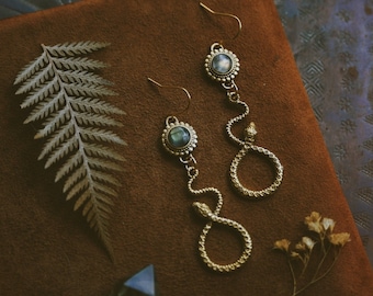 labradorite serpent. a pair of bohemian gemstone and brass snake earrings