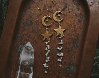 moonstone dream. a pair of boho celestial gold brass moon and star moonstone gemstone crystal earrings