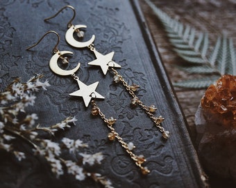 citrine dream. a pair of boho celestial gold brass moon and star citrine gemstone crystal earrings