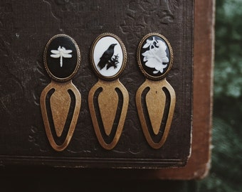 ex libris. a Victorian inspired cameo brass bookmark raven dragonfly butterfly animal