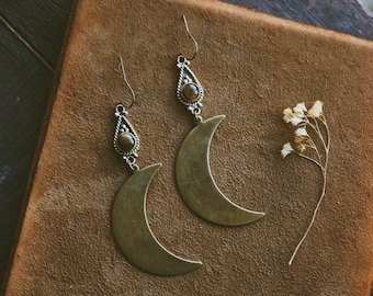 shera. a pair of boho tiger’s eye and moon statement earrings