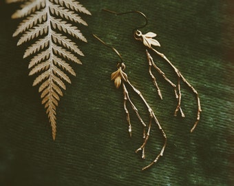 golden boughs. a pair of earthy, nature inspired tree branch and leaf earrings