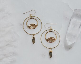 rising lotus in gold brass + labradorite. a pair of boho floral hoop and gemstone spike earrings.