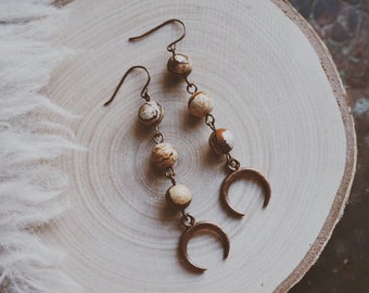 canyon moon. a pair of boho picture jasper and copper moon double horn beaded bohemian earrings