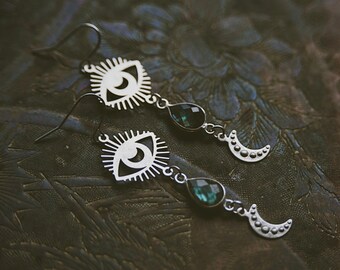 lunar vision. a pair of boho celestial silver eye, moon, and labradorite teardrop earrings