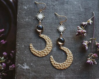 luminaries. a pair of boho celestial smoky quartz, sun and moon hammered brass earrings