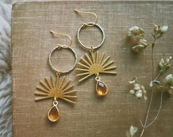 citrine sun drops. a pair of bohemian golden brass celestial sun and citrine gemstone teardrop earrings