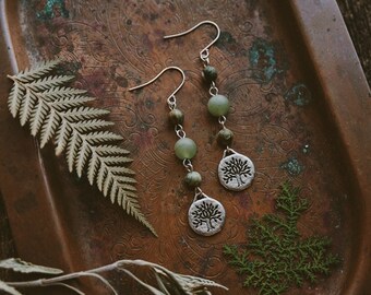 gaia. a pair of rhyolite and aventurine earthy boho silver tree earrings