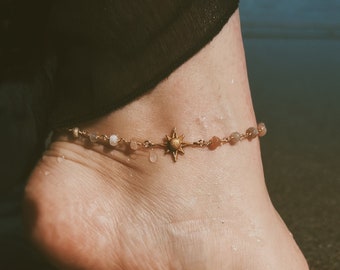 sunshine moonstone. a bohemian beachy multicolor moonstone and gold vermeil sun anklet