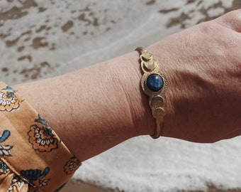 blue moon. a boho celestial blue kyanite gemstone moon phase adjustable brass cuff bracelet