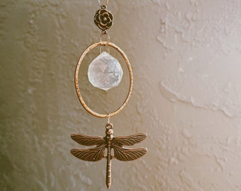 dragonfly rainbows. a bohemian copper dragonfly and glass crystal prism rainbow maker sun catcher car charm
