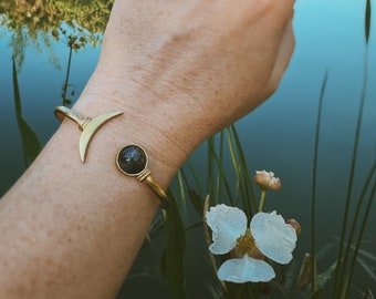 amethyst moon. a bohemian amethyst celestial crescent moon adjustable gold brass cuff bracelet