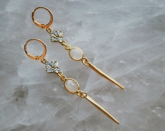 starstruck. a pair of bohemian gold art deco cubic zirconia and rainbow moonstone spike earrings