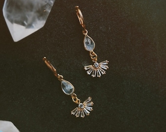 maeve. a pair of bohemian gold cubic zirconia and rainbow moonstone art deco earrings