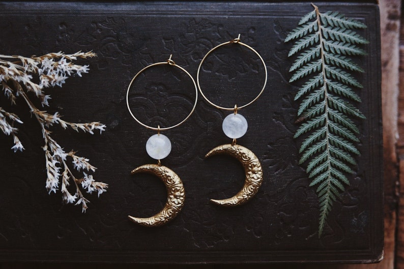 moon aura. a pair of celestial bohemian aura quartz and floral brass moon hoop earrings image 1