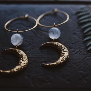 moon aura. a pair of celestial bohemian aura quartz and floral brass moon hoop earrings image 3