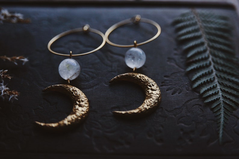 moon aura. a pair of celestial bohemian aura quartz and floral brass moon hoop earrings image 3