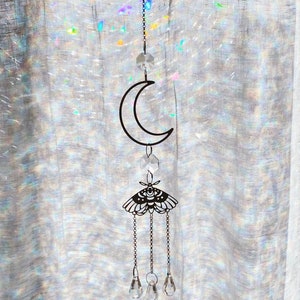 moon and moth. a bohemian celestial moon and moth silver rainbow maker glass prism sun catcher suncatcher image 6
