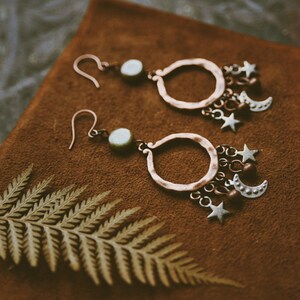 juno. a pair of bohemian celestial mixed metal moon and star copper earrings image 2