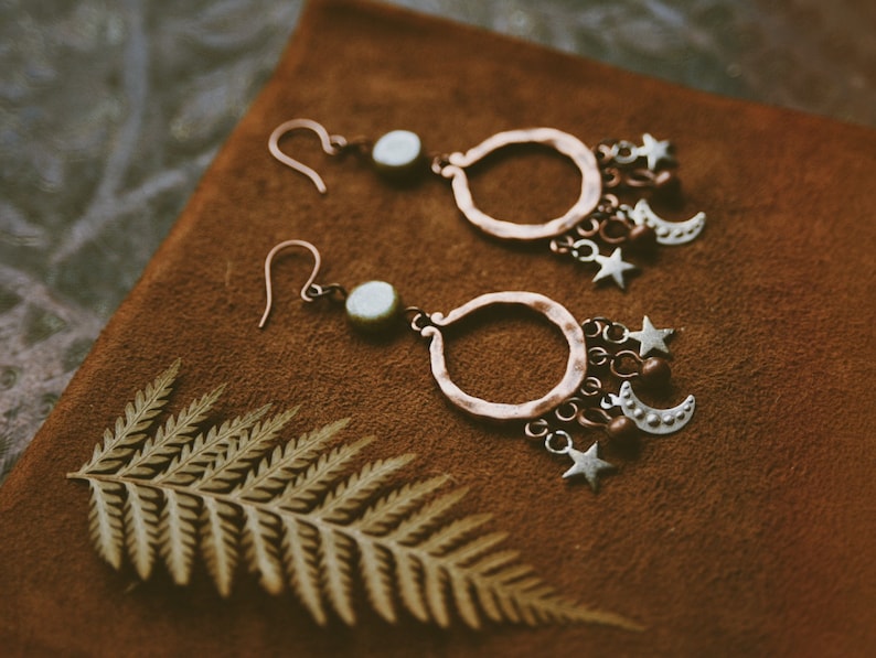 juno. a pair of bohemian celestial mixed metal moon and star copper earrings image 2