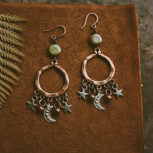 juno. a pair of bohemian celestial mixed metal moon and star copper earrings image 3