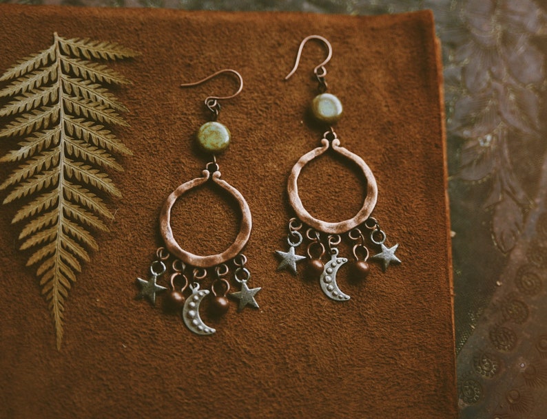 juno. a pair of bohemian celestial mixed metal moon and star copper earrings image 3