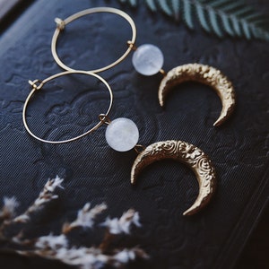 moon aura. a pair of celestial bohemian aura quartz and floral brass moon hoop earrings image 6