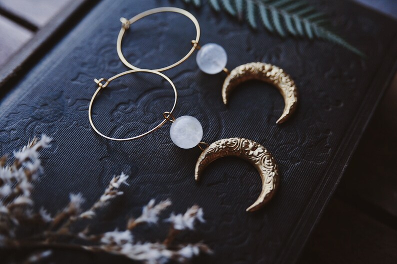 moon aura. a pair of celestial bohemian aura quartz and floral brass moon hoop earrings image 6