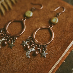 juno. a pair of bohemian celestial mixed metal moon and star copper earrings image 4