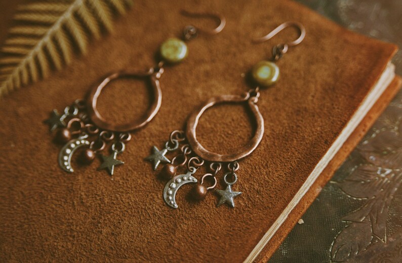 juno. a pair of bohemian celestial mixed metal moon and star copper earrings image 4