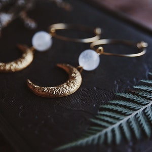 moon aura. a pair of celestial bohemian aura quartz and floral brass moon hoop earrings image 5