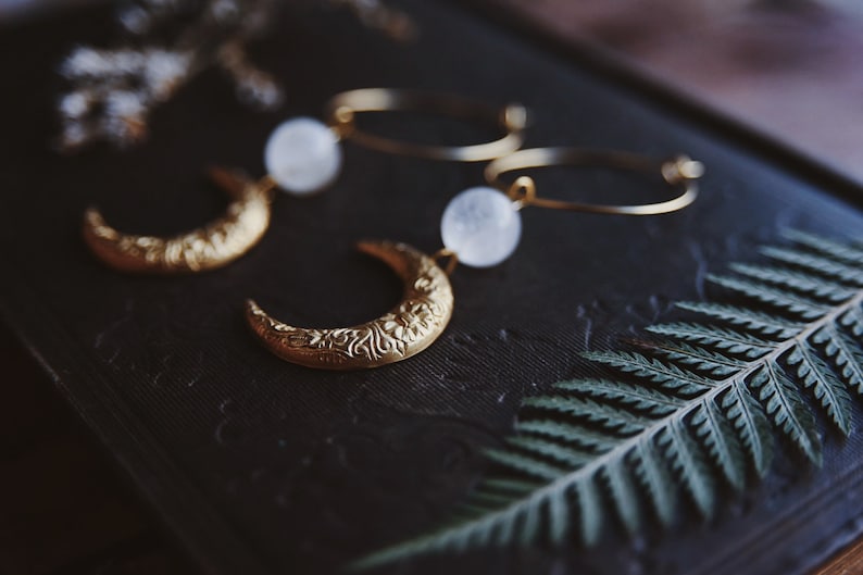 moon aura. a pair of celestial bohemian aura quartz and floral brass moon hoop earrings image 5